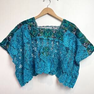 Vintage Sheer Crochet Lace Layering Top Cropped Sz XL Floral Boho Festival